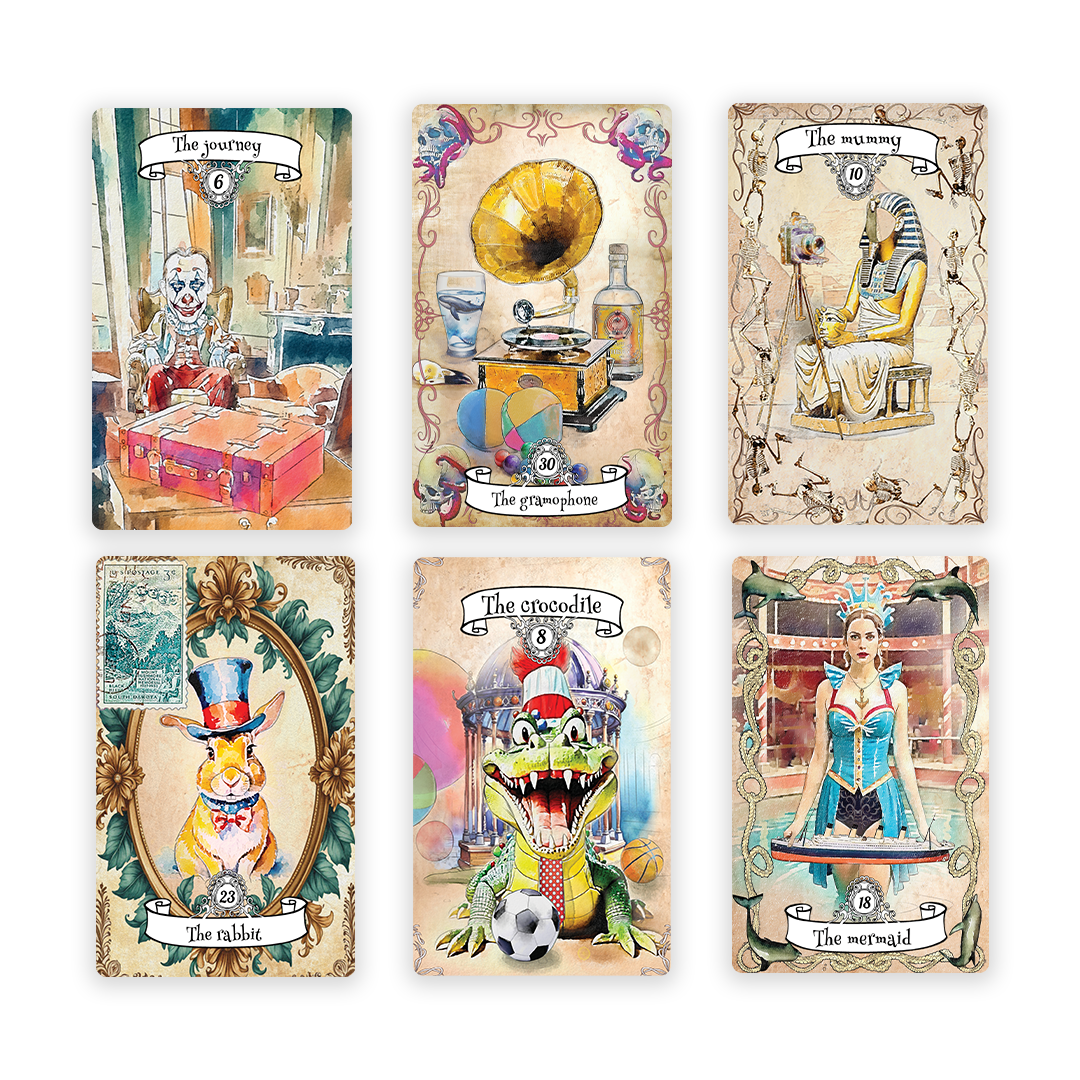 This oracle deck invites you into the enchanting world of vintage circuses and traveling shows, where each card is a portal to life’s rich tapestry of lessons and emotions. Drawing on the imagery of whimsical performers, majestic animals, and the curiosities of the road, every card encourages thoughtful reflection and personal growth.