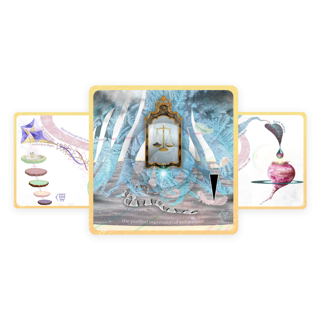 This deck is a multi-dimensional experience of imagery and words. The cartography and poetry serve as navigation tools for deeper intuitive awareness and alchemical processing. The oracle layers reflect the nature of our vast, breathing, divine field. Each card honors the whole of the map composition first, with individual pieces as a secondary component.