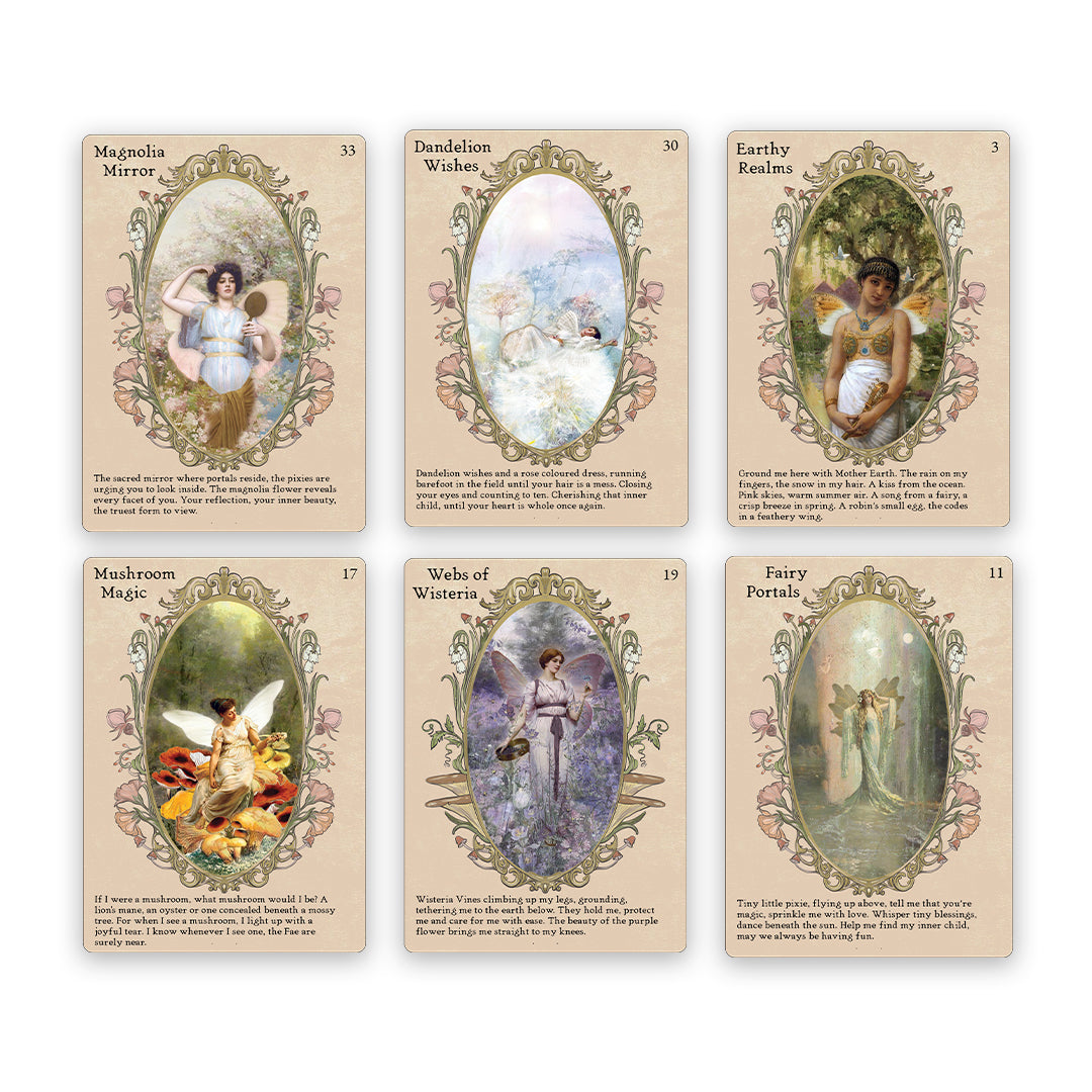 The Sisters of the Fae Oracle Deck is a magical portal to a childlike realm, offering a wondrous journey into abundant fairy realms. This mystical tool grounds you in earthly planes, connecting with Mother Earth and flower keepers. 