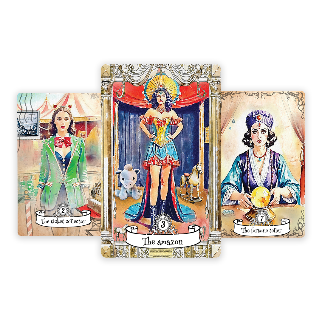 This oracle deck invites you into the enchanting world of vintage circuses and traveling shows, where each card is a portal to life’s rich tapestry of lessons and emotions. Drawing on the imagery of whimsical performers, majestic animals, and the curiosities of the road, every card encourages thoughtful reflection and personal growth.