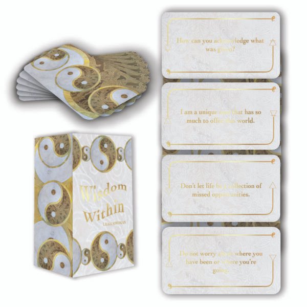 Wisdom Within is an 88-card mini deck for self-reflection, featuring gold foil, elemental categories, and introspective prompts for daily insight.
